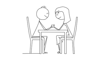Minimalist Line Drawing of Two Stick Figures Holding Hands Across a Table