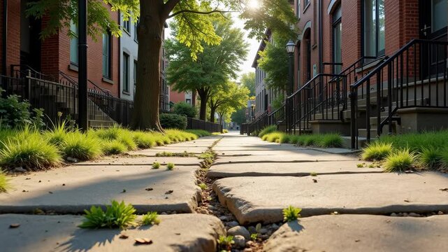 Sunny urban street scene with mature trees and historic brick row houses creating a peaceful, inviting neighborhood atmosphere.