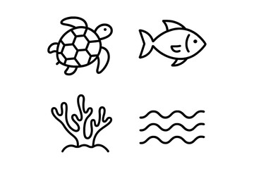 Minimalist sea life icons: turtle, fish, coral, waves in black and white