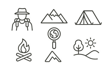 Outdoor adventure icons: hiking, camping, and exploration symbols for nature lovers