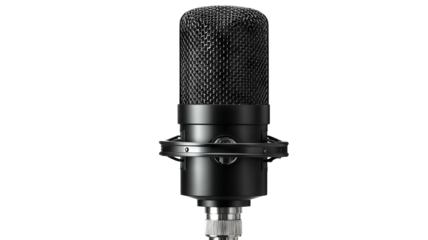 Black studio microphone isolated on transparent background — high-resolution PNG cutout, modern podcast and streaming mic for recording, voiceover, music production, broadcasting, professional audio