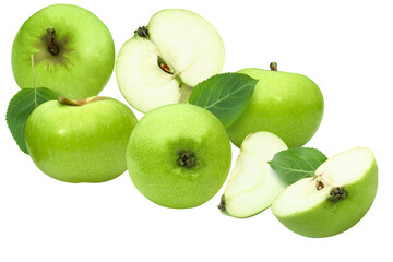 Fresh green apples whole, cut in half and sliced with leaves, Isolation on transparent background.