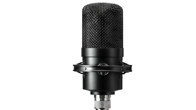 Black studio microphone isolated on transparent background — high-resolution PNG cutout, modern podcast and streaming mic for recording, voiceover, music production, broadcasting, professional audio