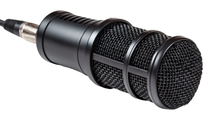 Black studio microphone isolated on transparent background — high-resolution PNG cutout, modern podcast and streaming mic for recording, voiceover, music production, broadcasting, professional audio