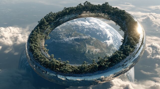 Circular Habitable Space Station. Future living near Earth with planet background