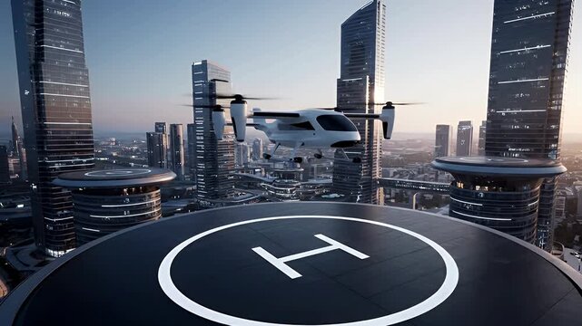 Futuristic eVTOL Aircraft Hovers Over Skyscraper Vertiport in Modern Urban Cityscape