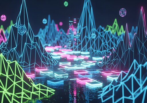 A vibrant digital landscape of neon wireframe mountains and a glowing path of platforms.