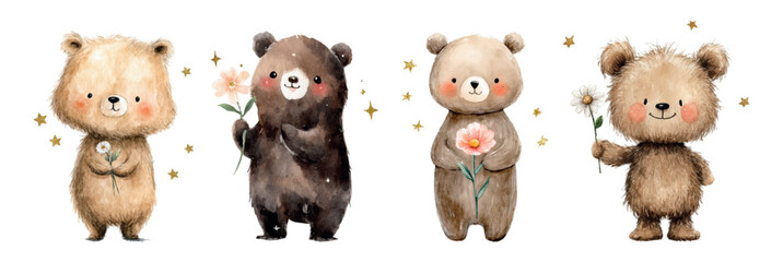 Set of cute watercolor bears holding a flower in their paws. Brown bear cubs with pink cheeks holding a daisy in their hands. Cute and kind forest animal characters. Children's characters.