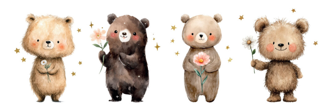 Set of cute watercolor bears holding a flower in their paws. Brown bear cubs with pink cheeks holding a daisy in their hands. Cute and kind forest animal characters. Children's characters.