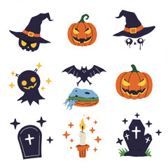Fototapeta premium Halloween themed icons featuring pumpkins, bats, ghosts, witch hats, and tombstones.