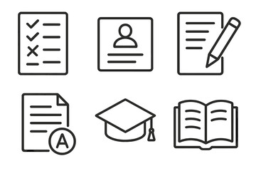 Education icons set: checklist, cv, notebook, graded paper, graduation cap, open book