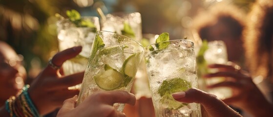 The joyful celebration of refreshing cocktails among friends in a sunny gathering