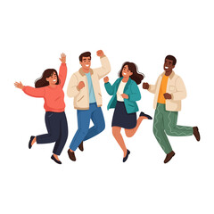 Obraz premium Cheerful Jump of Friends: A vibrant illustration captures a group of friends leaping with unrestrained joy, showcasing the essence of youthful exuberance and the bliss of camaraderie.
