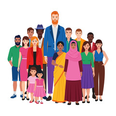 Obraz premium Diverse Community Portrait: A vibrant assembly of people from different backgrounds, cultures, and generations come together in a colorful display of unity, representing a microcosm of the world.