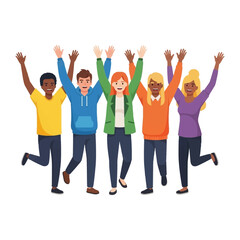 Fototapeta premium Celebrating Success: A diverse group of individuals with arms raised high, joyfully celebrate a milestone, epitomizing unity, and achievement.