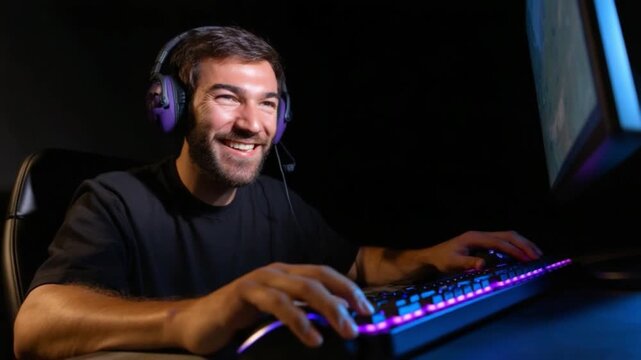 Gamer's Glee: A focused gamer immersed in a thrilling game, illuminated by the radiant glow of the screen, sporting a modern headset and exhibiting pure joy.