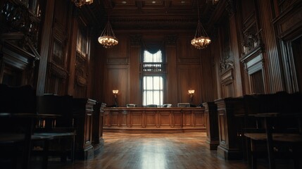 Grand courtroom interior, wood paneling, sunlight, empty benches, legal proceedings