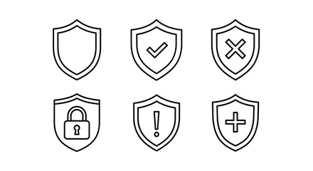 Set of minimal shield icons with security symbols in black outline style