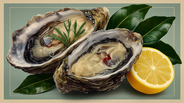 Oyster tasting banner, poster, or party flyer. A banner with space for text. Vector sketch illustration of fresh oysters and lemon. Perfect for seafood restaurant menus, packaging design, or event pro