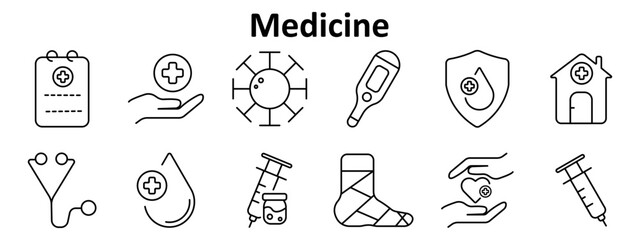 Medicine set icon. Includes clipboard, hand with circle cross, virus structure, thermometer, shield, clinic building, stethoscope, blood drop, syringe with vial, bandaged foot, heart, syringe