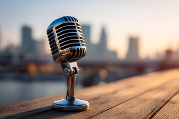 Retro-style microphone on wooden table with blurred city skyline background during golden hour light, symbolizing podcasting and creative hobbies.