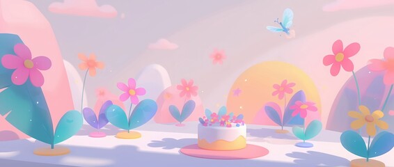 Fantasy flower field with a cake and butterfly in a dreamland. Sweet treat celebration scene for birthday, baby shower, spring holidays.