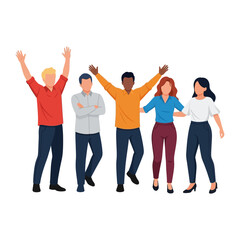 Obraz premium Teamwork Celebration: A diverse group stands shoulder to shoulder in a scene of celebration, their arms raised high in a symbol of victory and success.