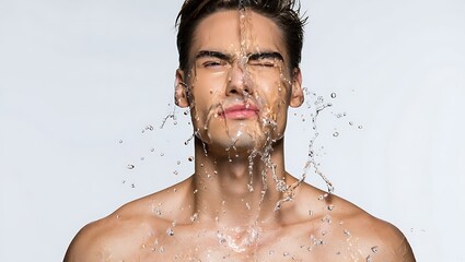 A handsome shirtless man grimacing as refreshing water splashes across his face.