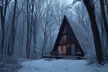 A snow-covered A-frame cabin nestled in a winter forest