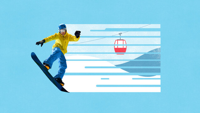 Creative digital artwork of snowboarder in yellow jacket performing aerial trick with mountain cable car backdrop. Concept of seasonal holidays, leadership, sports achievements, winter recreation.