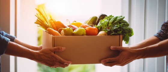 The box of fresh produce shared between two hands in sunlight.