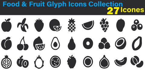 Food & Fruit Glyph Icons Collection &ndash; Black Vector Pictograms (Banana, Peach, Kiwi, Cherry, Pineapple)