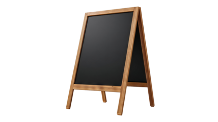 Chalkboard message stand for indoor café signage — freestanding wooden menu board, modern décor, front view, isolated on transparent background cutout; ideal for coffee shop promotions