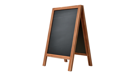 Chalkboard message stand for indoor café signage — freestanding wooden menu board, modern décor, front view, isolated on transparent background cutout; ideal for coffee shop promotions