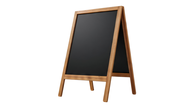 Chalkboard message stand for indoor café signage — freestanding wooden menu board, modern décor, front view, isolated on transparent background cutout; ideal for coffee shop promotions