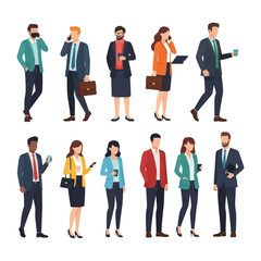 Obraz premium Diverse professionals: A comprehensive collection of business individuals, illustrating a variety of ethnicities, genders, and attire, meticulously presented in a flat.