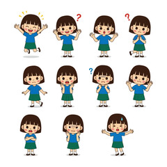 Expressive Child: A collection of twelve distinct cartoon illustrations portrays the range of a young girl's emotions, from exuberant joy to bewildered confusion.