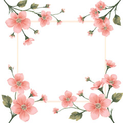 Fototapeta premium Delicate watercolor pink cherry blossom flowers forming a square border isolated on transparent background