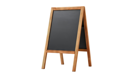 Chalkboard message stand for indoor café signage — freestanding wooden menu board, modern décor, front view, isolated on transparent background cutout; ideal for coffee shop promotions