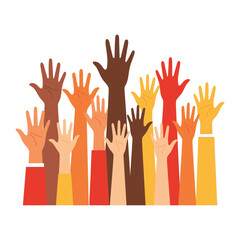 Unified Voices: A mosaic of hands raised in a visual metaphor of participation, symbolizing a united front, community involvement, and democratic action.