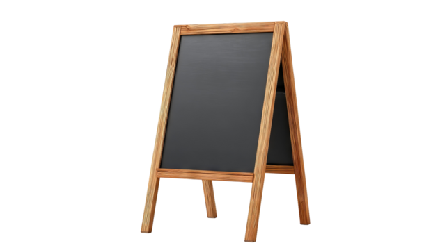 Chalkboard message stand for indoor café signage — freestanding wooden menu board, modern décor, front view, isolated on transparent background cutout; ideal for coffee shop promotions