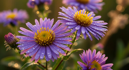 Obraz premium New England Aster with Purple Petals and Golden Centers in Late Summer Meadow