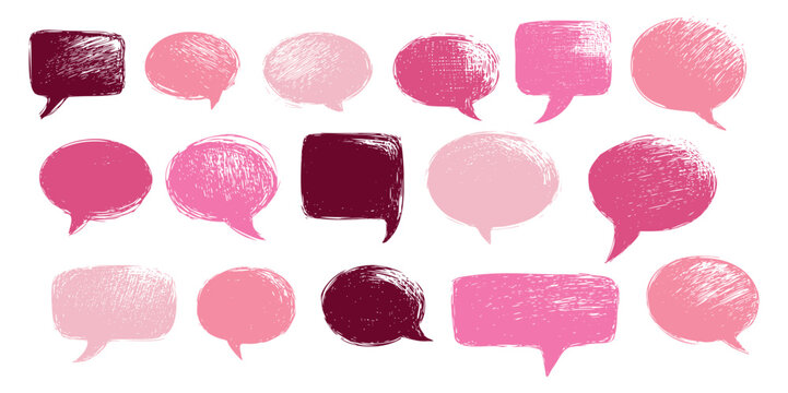 Set of cute stickers for text dialogs in hand drawing style. Cute romantic pink frames for messages and text chats. Frames in chalk drawing style. Pink girlish speech bubbles.
