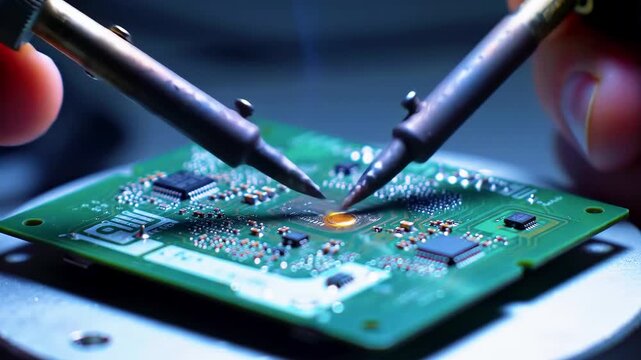 Close-up of hands soldering electronic components on a circuit board in a workshop setting