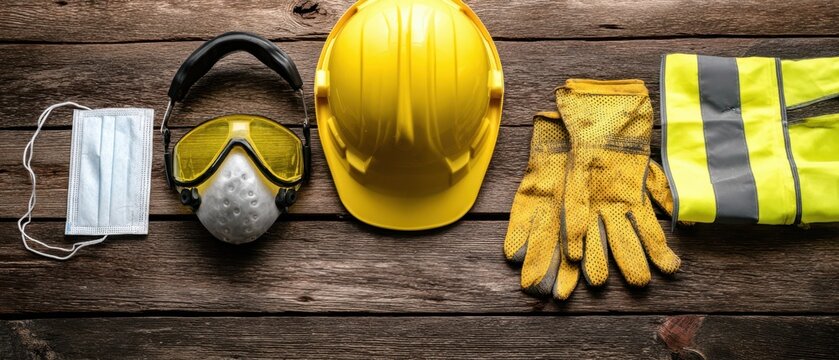 The essential safety gear for construction and industrial environments on wooden surface.