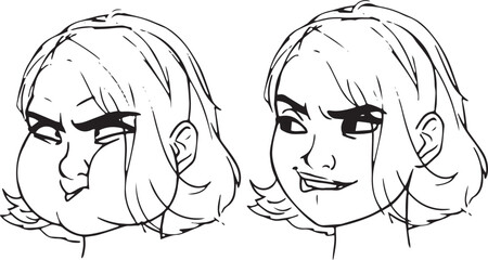 Two Hand-Drawn Black And White Illustrations Of A Woman's Angry Facial Expressions Vector Art