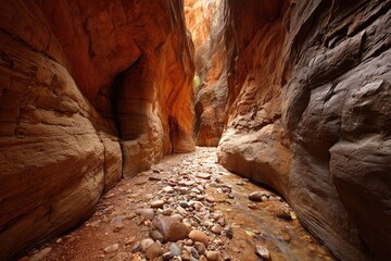 Narrow canyon with reddish-brown rock walls and a stream bed