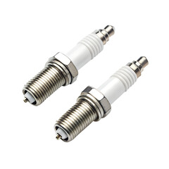 Two automotive spark plugs with metal threads and white ceramic insulators isolated on transparent background