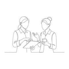 Two female business persons discussing work: Illustrative Line Art depicting Two women business colleagues engaged in discussion and planning, they are collaborative for a project.