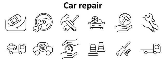Car repair set icon. Wrench, gear, hand, cones, tools, towing truck, car symbol, speed gauge, hammer outlined in black on white background with service-oriented graphics.